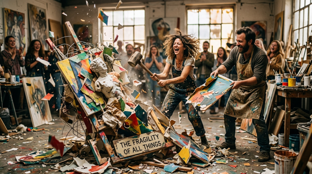 Two people breaking artwork with a mallet and canvas amid colorful debris and onlookers in an art studio